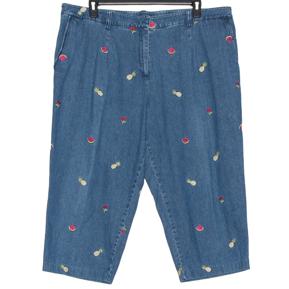 Briggs Jeans Cropped Embroidered Fruit Cottage Y2K Whimsical Kawaii Blue 20W